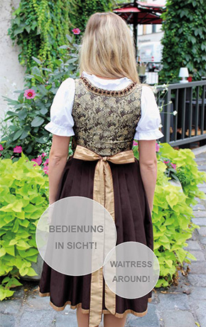 Back of a lady wearing Dirndl, the bow is in the center of the back and traditionally means she's a waitress. 