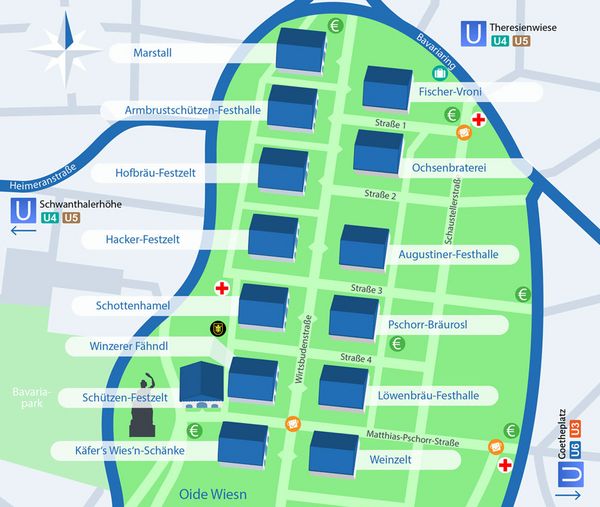 Map of the Oktoberfest area with all tents and streets. 