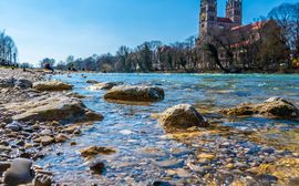 View of the waters of the Isar near the Reichenbach Bridge in Munich.