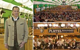 Collage des Oktoberfests 2022 mit Peter Inselkammer und Innenaufnahmen der Festzelte.