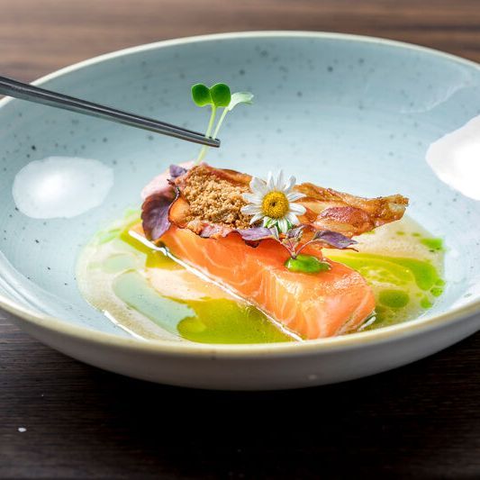 Salmon dish arranged in deep plate with flower garnish.