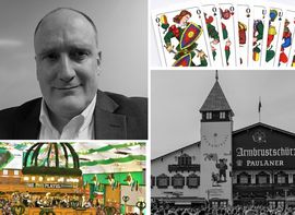 Collage mit schwarzweiß Portrait und Schafskopf Kartendeck 