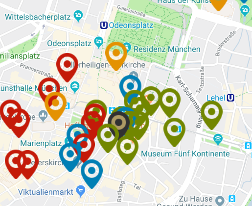 A map of the old town of Munich, around the Platzl Hotel with markings for places of interest.