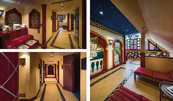 Collage des Maurischer Kiosk mit orientalischen Fliesen und Wandmalerei im Spa des Platzl Hotels München