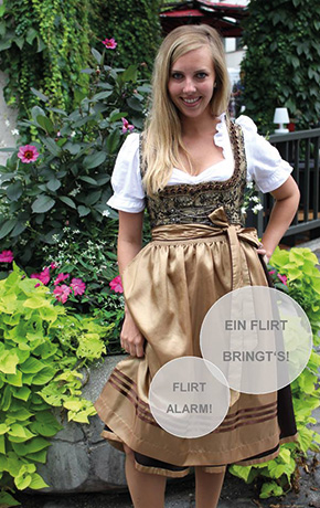  Lady wearing a Bavarian Costume with the bow on the left side which traditionally means she's openminded and likes to flirt.